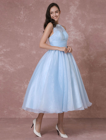 青のウェディングドレス　ベビーブルー　弾性サテン　ホルターネック　ボールガウンライン　ひざ下　ノースリーブ　ナチュラルウェストライン　 Milanoo