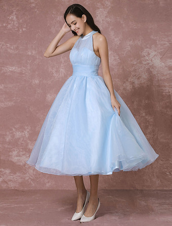 青のウェディングドレス　ベビーブルー　弾性サテン　ホルターネック　ボールガウンライン　ひざ下　ノースリーブ　ナチュラルウェストライン　 Milanoo
