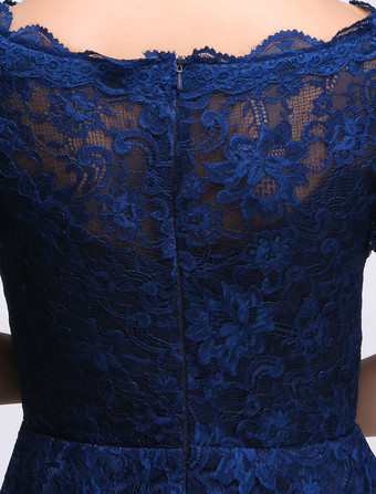 結婚式 母親ドレス Aライン ミセスドレス フォーマル ダズリンブルー ウェディングパーティードレス ボートネック 五分袖 お呼ばれ 謝恩会 成人式 二次会 レース プロムドレス ひざ丈 ファスナー ウェディング