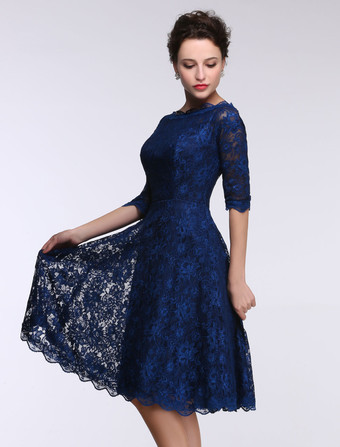 ダークネイビー結婚式 母親ドレス Aライン ミセスドレス フォーマル ダズリンブルー ウェディングパーティードレス ボートネック 五分袖 お呼ばれ 謝恩会 成人式 二次会 レース プロムドレス ひざ丈 ファスナー ウェディング