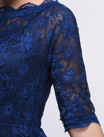 結婚式 母親ドレス Aライン ミセスドレス フォーマル ダズリンブルー ウェディングパーティードレス ボートネック 五分袖 お呼ばれ 謝恩会 成人式 二次会 レース プロムドレス ひざ丈 ファスナー ウェディング