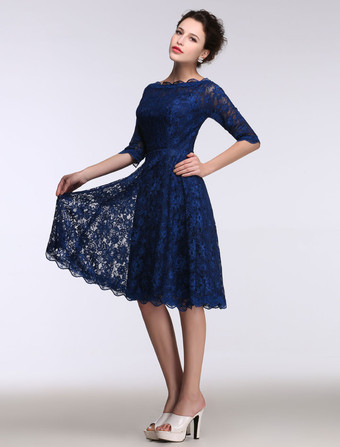 結婚式 母親ドレス Aライン ミセスドレス フォーマル ダズリンブルー ウェディングパーティードレス ボートネック 五分袖 お呼ばれ 謝恩会 成人式 二次会 レース プロムドレス ひざ丈 ファスナー ウェディング