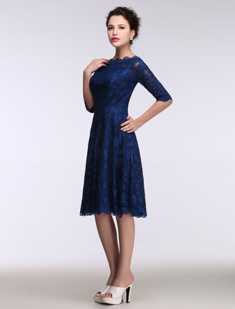 結婚式 母親ドレス Aライン ミセスドレス フォーマル ダズリンブルー ウェディングパーティードレス ボートネック 五分袖 お呼ばれ 謝恩会 成人式 二次会 レース プロムドレス ひざ丈 ファスナー ウェディング