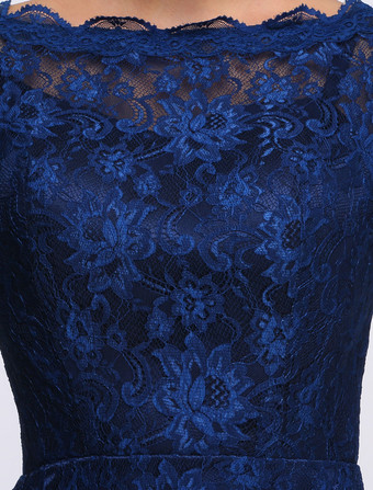 結婚式 母親ドレス Aライン ミセスドレス フォーマル ダズリンブルー ウェディングパーティードレス ボートネック 五分袖 お呼ばれ 謝恩会 成人式 二次会 レース プロムドレス ひざ丈 ファスナー ウェディング