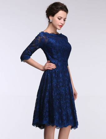 結婚式 母親ドレス Aライン ミセスドレス フォーマル ダズリンブルー ウェディングパーティードレス ボートネック 五分袖 お呼ばれ 謝恩会 成人式 二次会 レース プロムドレス ひざ丈 ファスナー ウェディング