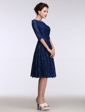 結婚式 母親ドレス Aライン ミセスドレス フォーマル ダズリンブルー ウェディングパーティードレス ボートネック 五分袖 お呼ばれ 謝恩会 成人式 二次会 レース プロムドレス ひざ丈 ファスナー ウェディング