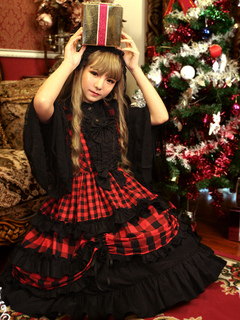Lolitashow Sweet Lolita Dress JSK Christmas Check Bow Ruffle Lolita Jumper Skirt