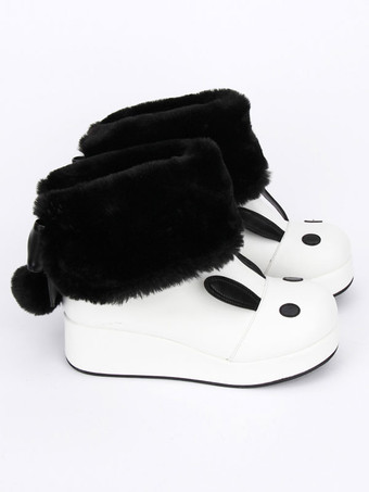 ロリータブーツ　ウェッジソール　ホワイト　ローヒール　丸いつま先　PU　