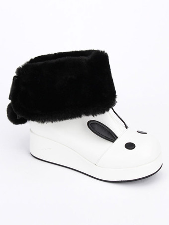 ロリータブーツ　ウェッジソール　ホワイト　ローヒール　丸いつま先　PU　