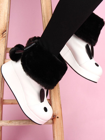 ロリータブーツ　ウェッジソール　ホワイト　ローヒール　丸いつま先　PU　