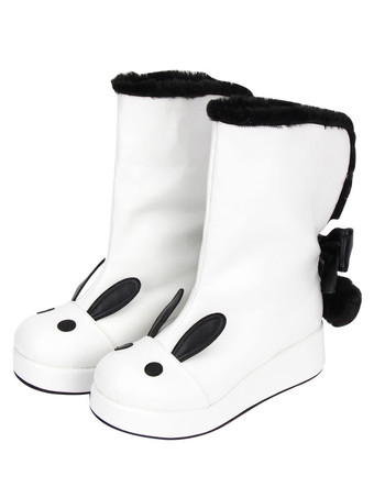 ロリータブーツ　ウェッジソール　ホワイト　ローヒール　丸いつま先　PU　