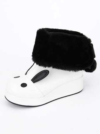 ロリータブーツ　ウェッジソール　ホワイト　ローヒール　丸いつま先　PU　