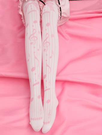 Lolitashow Note de musique Sweet Lolita chaussettes roses imprimées Lolita Stocking