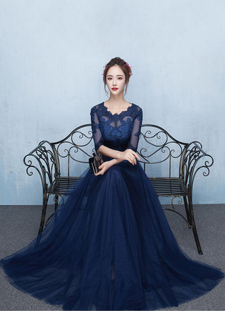 イブニングドレス ラウンドネック プロムドレス Aライン パーティードレス ダークネイビー チュール レースアップ ロング丈 五分袖 フォーマルドレス 演奏会 結婚式 二次会 発表会