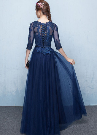 イブニングドレス ラウンドネック プロムドレス Aライン パーティードレス ダークネイビー チュール レースアップ ロング丈 五分袖 フォーマルドレス 演奏会 結婚式 二次会 発表会