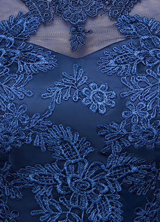 イブニングドレス ラウンドネック プロムドレス Aライン パーティードレス ダークネイビー チュール レースアップ ロング丈 五分袖 フォーマルドレス 演奏会 結婚式 二次会 発表会