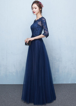 イブニングドレス ラウンドネック プロムドレス Aライン パーティードレス ダークネイビー チュール レースアップ ロング丈 五分袖 フォーマルドレス 演奏会 結婚式 二次会 発表会