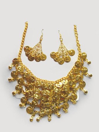 Carnevale Set di gioielli con danza del ventre Costume Orecchini pendenti con collana di danza Bollywood in plastica dorata Halloween