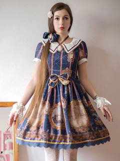 Lolitashow Sweet Lolita Dress JSK Blue Lolita Dress Vintage Tailor Short Sleeve Bow Pleated Lolita Summer Dress