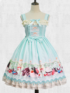 Lolitashow Sweet Lolita Dress JSK Blue Lolita Dress Printed Ruffle Bow Pleated Lolita Dress
