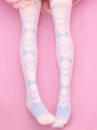 Lolitashow Sweet Lolita Stockings Light Pink Velvet Heart Bow Printed Lolita Socks