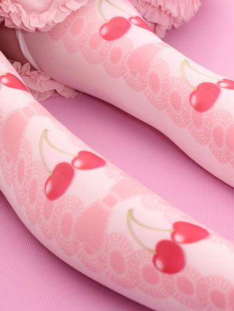 Lolitashow Sweet Lolita Stockings Light Pink Velvet Heart Bow Printed  Lolita Socks