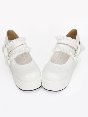 ホワイト ロリィタフットウェア　無地　PU　丸いつま先　プラットフォーム　カジュアル　