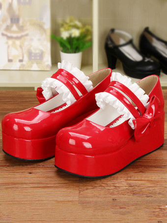 レッドロリィタフットウェア　無地　PU　丸いつま先　プラットフォーム　カジュアル　