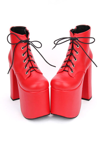 レッドロリィタ靴　無地　カジュアル　PU　丸いつま先　チャンキーヒール　