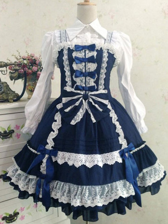 Lolitashow Sweet Lolita Dress JSK Deep Blue Lolita Dress Cotton Ruffle Tiered Lolita Jumper Skirt With Bow