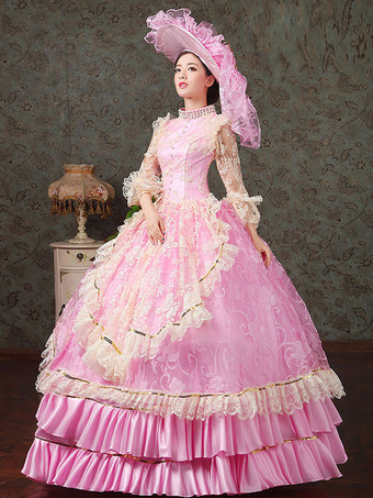 中世 ドレス プラスサイズ 女性用 プリンセス 貴族ドレス ピンク 長袖 ロココ調 祝日 レトロ ヨーロッパ 宮廷風 中世 ドレス・貴族ドレス