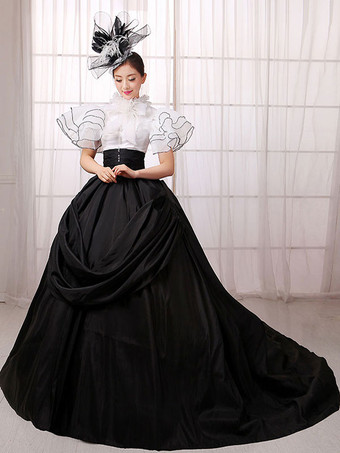 レトロ服　サテンファブリック　レーヨン　女性用　ブラック　ロココ調　大人用　半袖　ヴィンテージファッション　コスチューム　 ハロウィン