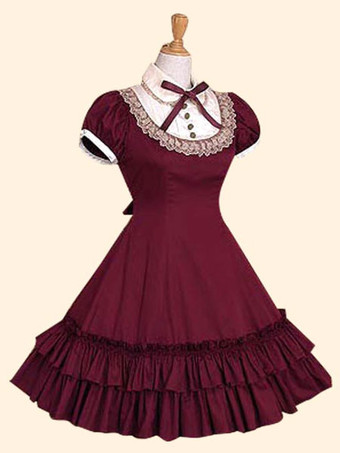 Vestido de Lolita de Popelina con escote Ilusión con manga corta con lazo