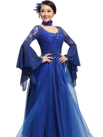 ロイヤルブルーボールルームダンスドレス　社交ダンス衣装　ホワイト　チュール　イルージョン　ロングベルスリーブ　ダンス練習衣装　2025