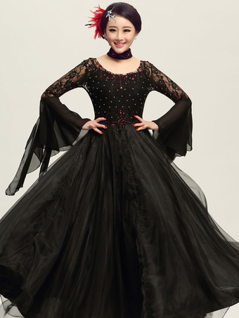 ブラック ボールルームダンスドレス　社交ダンス衣装　ホワイト　チュール　イルージョン　ロングベルスリーブ　ダンス練習衣装　2025