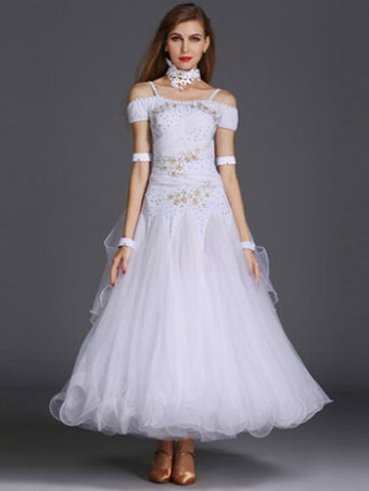 ホワイト ボールルームダンスワンピース　社交ダンス衣装　イエロー　チュール　ラッフル　オフショルダー　ボールルームダンス衣装　