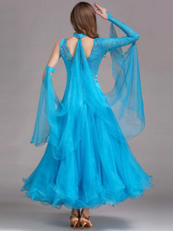 ボールルームダンスドレス　社交ダンス衣装　ライトスカイブルー　チュール　ワンショルダー　ボールルームダンス衣装　2025