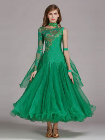 グリーン ボールルームダンスドレス　社交ダンス衣装　ライトスカイブルー　チュール　ワンショルダー　ボールルームダンス衣装　2025