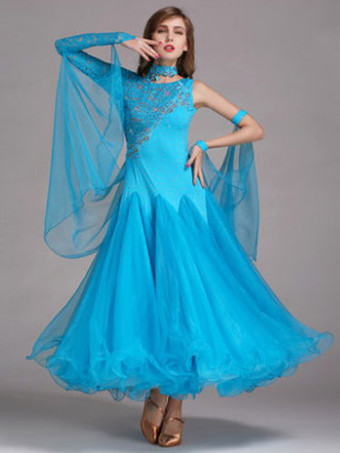 ライトスカイブルーボールルームダンスドレス　社交ダンス衣装　ライトスカイブルー　チュール　ワンショルダー　ボールルームダンス衣装　2025