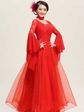 レッドボールルームダンスドレス　社交ダンス衣装　ホワイト　チュール　イルージョン　ロングベルスリーブ　ダンス練習衣装　2025