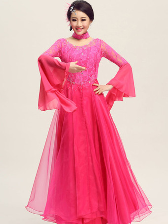 ローズレッドボールルームダンスドレス　社交ダンス衣装　ホワイト　チュール　イルージョン　ロングベルスリーブ　ダンス練習衣装　2025