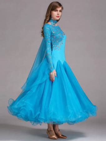 ボールルームダンスドレス　社交ダンス衣装　ライトスカイブルー　チュール　ワンショルダー　ボールルームダンス衣装　2025