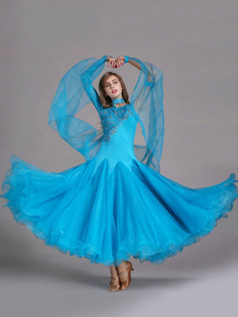 ボールルームダンスドレス　社交ダンス衣装　ライトスカイブルー　チュール　ワンショルダー　ボールルームダンス衣装　2025