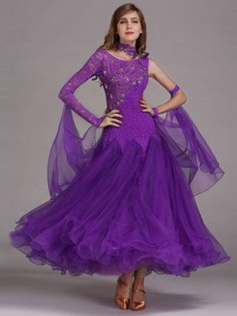 パープル ボールルームダンスドレス　社交ダンス衣装　ライトスカイブルー　チュール　ワンショルダー　ボールルームダンス衣装　2025