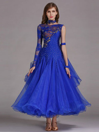 ロイヤルブルーボールルームダンスドレス　社交ダンス衣装　ライトスカイブルー　チュール　ワンショルダー　ボールルームダンス衣装　2025