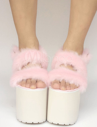 Sweet Lolita Shoes Pink Faux Fur Platform Chunky Heel Lolita Sandals