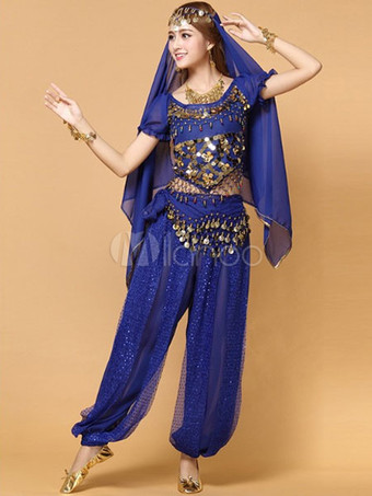 ロイヤルブルーベリーダンス衣装　大人用　ポリエステル　シフォン　女性用　ベリーダンサー　トップス＆ベール＆パンツ　アラビアン 衣装