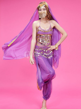 パープル ベリーダンス衣装　大人用　ポリエステル　シフォン　女性用　ベリーダンサー　トップス＆ベール＆パンツ