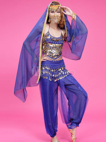 ロイヤルブルーベリーダンス衣装　大人用　ポリエステル　シフォン　女性用　ベリーダンサー　トップス＆ベール＆パンツ