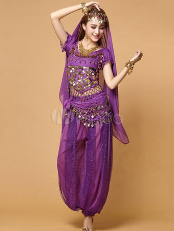 パープル ベリーダンス衣装　大人用　ポリエステル　シフォン　女性用　ベリーダンサー　トップス＆ベール＆パンツ　アラビアン 衣装